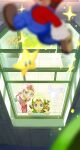  1girl 2boys bangs blonde_hair blue_eyes blurry blurry_foreground blush braid crossover dress earrings fairy green_eyes hair_ornament hat highres jewelry link long_hair looking_at_viewer mario mario_(series) multiple_boys navi open_mouth overalls pointy_ears power_star_(mario) princess_zelda short_hair smile sparkle sukekiyo021 super_mario_64 the_legend_of_zelda the_legend_of_zelda:_ocarina_of_time twitter_username window young_link young_zelda 