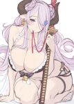  1girl bare_shoulders bell bent_over black_bra black_ribbon blush bra breasts cleavage commentary_request double_bun draph earrings granblue_fantasy gtunver hair_ornament hair_over_one_eye hairclip half-closed_eyes highres holding holding_weapon horns huge_breasts jewelry katana kneeling long_hair mature_female narmaya_(granblue_fantasy) purple_eyes purple_hair ribbon sandals sheath sheathed simple_background sketch solo swimsuit sword underwear weapon white_background 