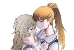  2girls crying grey_hair hand_on_another&#039;s_head kirari_hikaru kureha_yuna long_hair magia_record:_mahou_shoujo_madoka_magica_gaiden mahou_shoujo_madoka_magica messy_hair multiple_girls mura_(kiyohime) open_mouth orange_hair school_uniform tears white_background wiping_tears yuri 