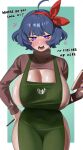  1girl absurdres ahoge anger_vein angry apron barista blue_hair blush border breasts brown_sweater character_request cleavage cleavage_cutout clothing_cutout curvy english_text engrish_text green_apron hair_ribbon hand_on_hip highres holding holding_notebook holding_pen huge_breasts iced_latte_with_breast_milk_(meme) meme mole mole_under_eye narrow_waist nearly_naked_apron nia_(nia4294) notebook open_mouth original pen purple_eyes purple_nails ranguage red_ribbon ribbon short_hair shrug_(clothing) sideboob sweater thick_thighs thighs turtleneck turtleneck_sweater white_border 