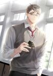  1boy eating food glasses grey_eyes grey_hair haikyuu!! hemoon holding holding_food indoors long_sleeves looking_at_viewer male_focus miya_osamu multicolored_hair necktie onigiri pants red_necktie school_uniform shirt short_hair solo sweater_vest two-tone_hair white_shirt 