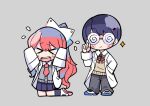  &gt;_&lt; 1boy 1girl adjusting_eyewear arms_up bangs black_legwear black_pants blue_footwear blue_skirt blush_stickers bow buttons cardigan chibi closed_eyes closed_mouth coke-bottle_glasses commentary crying flying_teardrops glasses grey_background grey_cardigan hair_between_eyes hair_bow hair_ornament hair_ribbon hairclip hand_in_pocket kneeling labcoat long_hair magnet nanawo_akari neck_ribbon necktie official_art open_mouth pants pink_footwear ponytail red_hair red_neckwear ribbon school_uniform shoes short_necktie sidelocks simple_background skirt sleeves_past_fingers sleeves_past_wrists socks sou_(niconico) sparkle standing sweater_vest teeth terada_tera triangle turing_love upper_teeth uwabaki v-shaped_eyebrows very_long_hair white_footwear white_ribbon yellow_sweater_vest 