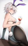  1girl absurdres animal_ears arm_support ass azur_lane bare_arms bare_shoulders bilei black_bra black_hairband black_legwear blush bra breasts closed_mouth cup drink drinking_glass elbow_gloves fake_animal_ears fake_tail gloves grey_gloves grey_leotard hairband highres holding holding_cup large_breasts leotard looking_at_viewer official_alternate_costume pantyhose playboy_bunny purple_eyes rabbit_ears rabbit_tail reclining reno_(azur_lane) reno_(reno_bunnino)_(azur_lane) see-through short_hair sideboob silver_hair simple_background single_glove smile solo tail underwear white_background 