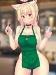  1girl :p animal_ears apron bangs bare_hips bell black_choker blonde_hair blurry blurry_background bow breasts cat_ears choker cup english_commentary eyebrows_visible_through_hair green_apron hair_between_eyes hair_bow hair_ornament highres holding holding_cup holding_marker iced_latte_with_breast_milk_(meme) jingle_bell jpeg_artifacts large_breasts looking_at_viewer marker meme naked_apron nottytiffy original patreon_username red_eyes shiny shiny_skin sidelocks solo starbucks thighs tiffy_(nottytiffy) tongue tongue_out watermark web_address 