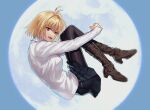  1girl :d antenna_hair arcueid_brunestud arms_up bangs belt_boots black_legwear blonde_hair blue_skirt blurry boots breasts brown_footwear depth_of_field floating from_side full_body highres huge_moon hugging_own_legs jewelry knees_together_feet_apart looking_at_viewer miniskirt moon moonlight necklace night open_mouth outdoors pantyhose pleated_skirt qingtianmian red_eyes shiny shiny_clothes shiny_legwear short_hair skirt slit_pupils smile solo sweater tsukihime tsukihime_(remake) turtleneck turtleneck_sweater white_sweater 