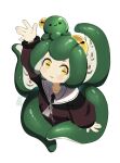  1girl absurdres arm_up artist_name blush borrowed_character cropped_torso green_hair highres horizontal_pupils long_sleeves no_nose original shadow shu_(kumakun) simple_background solo suction_cups tentacle_hair tostantan upper_body white_background yellow_eyes zipper_pull_tab 