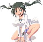 1girl alternate_breast_size bangs black_choker black_hair blue_panties choker commentary fang francesca_lucchini green_eyes jacket loafers long_sleeves looking_at_viewer medium_hair military military_uniform nanashino no_pants no_socks one_knee open_mouth panties shadow shoes simple_background smile solo strike_witches striped striped_panties twintails underwear uniform white_background white_footwear white_jacket world_witches_series 