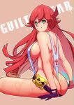  1girl absurdres ass belt belt_buckle black_gloves breasts buckle butt_crack colored_inner_hair from_behind gloves green_eyes guilty_gear guilty_gear_strive highres jack-o&#039;_valentine large_breasts long_hair looking_at_viewer loose_belt multicolored_hair no_headwear pink_hair red_hair sideboob slingshot_swimsuit solo strap_gap sweat swimsuit thong_swimsuit turning_head two-tone_hair very_long_hair viper_1390 wet white_swimsuit 