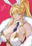  1girl absurdres ahoge animal_ears artoria_pendragon_(fate) artoria_pendragon_(swimsuit_ruler)_(fate) bangs bare_shoulders blonde_hair blue_necktie blush braid breasts cleavage clothing_cutout detached_collar fate/grand_order fate_(series) feather_boa french_braid green_eyes hair_between_eyes highres large_breasts leotard long_hair looking_at_viewer love-saber navel_cutout necktie playboy_bunny ponytail rabbit_ears sidelocks smile solo tiara white_leotard 