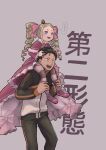  beatrice_(re:zero) black_hair blonde_hair capelet carrying commentary_request crown drill_hair fur-trimmed_capelet fur_trim hair_slicked_back highres kotarou_(kotakota_ee) long_hair long_sleeves mini_crown natsuki_subaru pantyhose piggyback re:zero_kara_hajimeru_isekai_seikatsu ribbon short_hair speech_bubble track_suit translation_request twin_drills wide_sleeves 