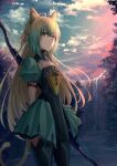  1girl animal_ears atalanta_(fate) bangs belt belt_buckle black_legwear blonde_hair bow_(weapon) braid buckle cat_ears cat_tail closed_mouth cloud commentary_request dress eyebrows_visible_through_hair fate/apocrypha fate/grand_order fate_(series) flat_chest french_braid green_dress green_eyes green_hair hair_between_eyes highres holding holding_bow_(weapon) holding_weapon kaze_minoru_so-ru long_hair looking_at_viewer multicolored_hair outdoors plant puffy_sleeves short_sleeves sky solo tail tree two-tone_hair water waterfall weapon 