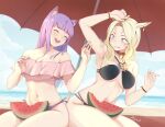  2girls absurdres animal_ears arm_up armpits avatar_(ffxiv) bangs bare_shoulders beach bell bikini black_bikini blonde_hair blue_eyes bracelet breasts cat_ears cleavage closed_eyes commission day earrings eyebrows_visible_through_hair facial_mark final_fantasy final_fantasy_xiv food fruit highres jewelry long_hair looking_at_another medium_breasts miqo&#039;te mismatched_bikini multiple_girls navel neck_bell ocean open_mouth outdoors parasol purple_hair senacolada sitting sky swimsuit umbrella watermelon whisker_markings 
