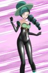  1girl bangs bare_shoulders battle_chatelaine black_bodysuit black_gloves blush bodysuit breasts cleavage collarbone covered_navel drill_hair elbow_gloves eyebrows_visible_through_hair gloves green_eyes green_hair green_headwear highres long_hair looking_at_viewer medium_breasts morgan_(pokemon) multicolored_hair open_mouth parted_bangs pokemon pokemon_(game) pokemon_xy purple_background scared solo standing strapless sweatdrop tsukishiro_saika two-tone_hair very_long_hair 