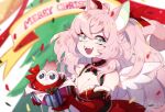  1girl animal_ears aqua_eyes artist_name bangs blurry blurry_background breasts christmas_tree cleavage confetti cookie_hana elbow_gloves eyebrows_visible_through_hair feathered_wings gloves long_hair merry_christmas mole mole_under_eye open_mouth original pink_hair red_gloves shadow smile solo upper_body white_wings wings 