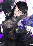  1girl bayonetta bayonetta_(series) bayonetta_3 black_hair braid clothing_cutout earrings glasses gloves highres jewelry lipstick long_hair looking_at_viewer makeup mole mole_under_mouth multicolored_hair red_hair seductive_smile simple_background smile solo streaked_hair twin_braids unagikoichi 