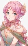  1girl ayuanlv bangs blue_eyes butterfly_hair_ornament circlet granblue_fantasy hair_ornament lennah looking_at_viewer parted_bangs pink_hair short_hair smile solo upper_body white_background 