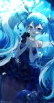  1girl air_bubble aqua_eyes aqua_hair artist_name asymmetrical_clothes bare_arms bare_shoulders black_dress blue_theme bubble caustics dress fish frilled_dress frills hair_ribbon hatsune_miku highres interlocked_fingers light_rays long_hair looking_at_viewer niwaniwa_1227 ocean own_hands_clasped own_hands_together ribbon shinkai_shoujo_(vocaloid) silhouette solo submerged twintails twitter_username underwater very_long_hair vocaloid water 