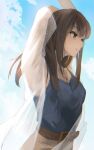  1girl arm_behind_head armpits arms_up belt blue_sky blue_tank_top brown_hair cloud eyebrows_visible_through_hair green_eyes highres idolmaster idolmaster_cinderella_girls idolmaster_cinderella_girls_starlight_stage jewelry k_concord long_hair necklace see-through shibuya_rin sky smile solo tank_top 