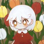  1girl bangs bright_pupils dated dress flower hair_between_eyes highres medium_hair no_nose orange_eyes orange_flower orange_tulip original plant red_dress red_flower red_tulip signature solo tulip white_flower white_hair white_pupils white_tulip yellow_flower yellow_tulip zukky000 