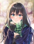  1girl bag black_hair blush coat earrings eyebrows_visible_through_hair green_eyes highres idolmaster idolmaster_cinderella_girls jewelry long_hair long_sleeves looking_at_viewer scarf school_bag shibuya_rin smile solo tazu upper_body 