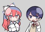  1boy 1girl bangs blush_stickers bow buttons cardigan chibi closed_eyes closed_mouth commentary grey_background grey_cardigan hair_between_eyes hair_bow hair_ornament hair_ribbon hairclip hands_on_own_chest index_finger_raised labcoat long_hair looking_at_viewer magnet nanawo_akari neck_ribbon necktie official_art ponytail red_hair red_neckwear ribbon school_uniform short_necktie sidelocks simple_background sleeves_past_fingers sleeves_past_wrists sou_(niconico) sweater_vest terada_tera triangle turing_love upper_body v-shaped_eyebrows very_long_hair w_arms white_ribbon yellow_sweater_vest 