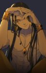  1boy abs black_hair bracelet earrings hands_up highres jewelry jyaco7777 lanxi_zhen long_hair looking_at_viewer male_focus muscular muscular_male naga_(the_legend_of_luoxiaohei) necklace nipples smile solo the_legend_of_luo_xiaohei topless_male yellow_eyes 