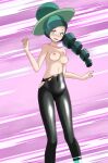  1girl bangs battle_chatelaine black_bodysuit blush bodysuit breasts collarbone drill_hair eyebrows_visible_through_hair green_eyes green_hair green_headwear highres long_hair looking_at_viewer medium_breasts morgan_(pokemon) multicolored_hair nipples open_mouth parted_bangs pokemon pokemon_(game) pokemon_xy purple_background scared solo standing sweatdrop topless torn_bodysuit torn_clothes tsukishiro_saika two-tone_hair very_long_hair 