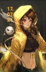  1girl absurdres bangs black_gloves black_hair breasts dated gloves hand_up highres hood hood_up jacket long_sleeves medium_breasts midriff navel original parted_lips red_eyes shadow smoke solo upper_body velahka yellow_jacket 