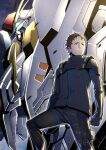  brown_eyes brown_hair clenched_hand glowing glowing_eye gundam gundam_hathaway&#039;s_flash hair_behind_ear hathaway_noa highres looking_ahead looking_to_the_side male_focus mecha mobile_suit pilot_suit science_fiction shouji_nigou v-fin xi_gundam 