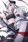  1girl arknights bare_shoulders black_gloves black_shirt breasts chyopeuteu closed_mouth cowboy_shot crop_top elite_ii_(arknights) gloves hammer holding horns infection_monitor_(arknights) jumpsuit long_hair looking_at_viewer medium_breasts midriff mudrock_(arknights) navel off_shoulder open_jumpsuit oripathy_lesion_(arknights) pointy_ears red_eyes sarashi shirt sidelocks sleeveless sleeveless_shirt solo standing stomach weapon white_hair 