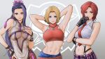  3girls abs armpits arms_behind_head arms_up bare_shoulders belt black_gloves blonde_hair blue_eyes blue_mary breasts closed_mouth collared_shirt commentary crop_top english_commentary fatal_fury fingerless_gloves gloves halterneck hand_on_hip hand_on_own_chest hand_up highres lips lipstick long_hair looking_at_viewer luong makeup mature_female medium_breasts midriff multiple_girls muscular muscular_female nail_polish navel necktie pants red_eyes red_hair red_nails red_necktie shirt short_hair simple_background sleeveless sleeveless_shirt smile straight_hair suspenders the_king_of_fighters the_king_of_fighters_xv vanessa_(kof) white_shirt x_chitch 
