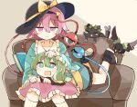  2girls :d animal_ears bangs baron_(x5qgeh) blue_eyes blue_shirt blush_stickers book boots bow cat_ears cat_tail closed_eyes commentary commission couch frilled_shirt_collar frilled_skirt frilled_sleeves frills green_bow green_hair green_skirt hand_on_another&#039;s_head hat hat_ribbon headwear_removed highres kaenbyou_rin kaenbyou_rin_(cat) komeiji_koishi komeiji_satori multiple_girls multiple_tails nekomata on_lap open_mouth pink_eyes pink_hair pink_skirt reiuji_utsuho reiuji_utsuho_(bird) ribbon shirt short_hair siblings sisters sitting skeb_commission skirt smile socks soles tail third_eye touhou two_tails upper_body white_legwear wide_sleeves yellow_ribbon yellow_shirt 