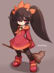  1girl ashley_(warioware) big_hair black_hair black_legwear broom dress hairband highres holding karukan_(monjya) long_hair looking_at_viewer orange_hairband pantyhose red_dress red_eyes simple_background skull solo twintails very_long_hair warioware 