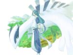  1boy arms_behind_back closed_eyes commentary_request crossover feet_out_of_frame from_side long_hair low-tied_long_hair lugia male_focus no_mouth pokemon pokemon_(creature) standing the_legend_of_luo_xiaohei twitter_username very_long_hair wide_shot wuxian_(the_legend_of_luoxiaohei) yuzuri330 