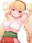  1girl armpits arms_up artist_name bandages bangs blonde_hair blush breasts detached_sleeves eyebrows_visible_through_hair fang hair_between_eyes hairband higurashi_no_naku_koro_ni houjou_satoko impossible_clothes large_breasts looking_at_viewer nanopai_kakumeikokonoyu open_mouth oppai_loli purple_eyes sarashi short_hair signature simple_background solo white_background 