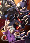  1boy braid braided_ponytail facial_hair fighting_stance g_gundam glowing glowing_eye green_eyes grey_eyes grey_hair gundam highres long_hair looking_at_viewer master_asia master_gundam mecha mustache open_hands open_mouth shouji_nigou v-fin v-shaped_eyebrows 