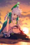 1boy 1girl armlet ashiya_douman_(fate) bangs bare_shoulders beach bikini bird black_hair blush bracelet braid braided_ponytail breasts cleavage closed_eyes collarbone earrings echo_(circa) fate/grand_order fate_(series) flower frills gradient_sky green_bikini green_vest hair_between_eyes hair_flower hair_ornament hair_ribbon hood hooded_vest hoodie jewelry kama_(fate) kama_(swimsuit_avenger)_(fate) large_breasts long_hair lotus multicolored_hair navel necklace open_mouth orange_sky parakeet pendant red_eyes ribbon sand silver_hair sky squatting sunset swimsuit twilight two-tone_hair vest white_hair 