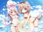  2girls animal_ears arms_up ball beach beachball bell bikini blue_bikini blue_eyes blush bow braid breasts brown_bikini brown_hair choker cleavage cloud day dog_ears dog_girl dog_tail frilled_bikini frills hair_bow hair_ornament hairclip heterochromia highres holding innertube jingle_bell leaning_forward long_hair momozu_komamochi multiple_girls navel ocean original outdoors plaid plaid_bikini ribbon short_hair sky small_breasts swimsuit tail thigh_strap two-tone_bikini wading white_bikini 