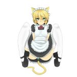  1girl alternate_costume anal_tail animal_ears apron bangs black_dress black_footwear blush breasts cat_ears cat_tail closed_mouth collared_dress commentary_request dress enmaided fake_tail frilled_apron frilled_dress frills full_body kemonomimi_mode looking_at_viewer maid maid_headdress mary_janes mizuhashi_parsee neck_ribbon nicutoka pointy_ears red_neckwear red_ribbon ribbon shoes short_hair short_sleeves simple_background small_breasts solo spread_legs tail thighhighs touhou white_apron white_background white_legwear 