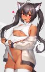  1girl absurdres ahoge animal_ear_fluff animal_ears bangs bare_shoulders black_hair blush breasts cowboy_shot dark-skinned_female dark_skin eyebrows_visible_through_hair fang grey_jacket hair_between_eyes heart highres jacket leotard leotard_lift lifted_by_self long_hair looking_at_viewer mathew_(srmmk_mce) navel off_shoulder open_clothes open_jacket open_mouth original red_eyes see-through simple_background skin_fang skindentation small_breasts smile solo standing stomach tail thighhighs twintails underboob wedgie white_legwear white_leotard zipper 