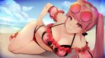  1girl alternate_costume bangs bare_legs beach bikini breasts cleavage eyewear_on_head fire_emblem fire_emblem:_three_houses fire_emblem_heroes hilda_valentine_goneril large_breasts long_hair looking_at_viewer lying nyc ocean official_alternate_costume on_side pink_bikini pink_eyes pink_hair pink_swimsuit sand smile solo sunglasses swimsuit twintails 