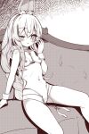  +_+ 1girl animal_ears azur_lane bangs blush breasts collarbone commentary_request couch hair_between_eyes headband le_malin_(azur_lane) long_hair looking_at_viewer monochrome navel one_eye_closed playboy_bunny rabbit_ears sitting small_breasts solo takara_akihito 