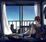  1girl absurdres acoustic_guitar bare_legs bed black_shorts blanket blue_sky building cellphone commentary_request curtains grab_pigeon guitar guitar_stand highres idolmaster idolmaster_million_live! indoors instrument jacket jacket_partially_removed julia_(idolmaster) kangaroo looking_at_phone messy_hair on_bed phone pillow railing red_hair shirt short_hair shorts sitting sky sleeveless sleeveless_shirt solo stuffed_toy 