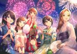  5girls :d :o :t aerial_fireworks barefoot blue_kimono braid brown_hair brown_sash character_request closed_mouth commentary_request cotton_candy earrings eating enogu fireworks floral_print flower folding_fan food glint green_eyes hair_flower hair_ornament hair_over_one_eye hair_ribbon hairclip hanabi_(akashic_chronicle) hand_fan hands_up highres holding holding_fan holding_food iwamotochou_geinousha japanese_clothes jewelry kagawa_ichigo kimono kinchaku long_hair long_sleeves looking_up low_twintails medium_hair mole mole_under_eye multiple_girls nail_polish night night_sky obi one_eye_covered open_mouth outdoors parted_lips pink_nails pink_ribbon pouch purple_eyes purple_sash red_kimono ribbon ring sash short_hair sitting sky smile striped striped_kimono toenail_polish toenails twintails wide_sleeves yellow_eyes yukata 