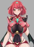  1girl absurdres bangs black_gloves breasts chest_jewel desspie earrings fingerless_gloves gloves heart heart-shaped_pupils highres jewelry large_breasts pyra_(xenoblade) red_eyes red_hair red_legwear red_shorts short_hair short_shorts shorts swept_bangs symbol-shaped_pupils thighhighs tiara xenoblade_chronicles_(series) xenoblade_chronicles_2 