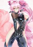  1girl animal_ear_fluff animal_ears areola_slip areolae bangs black_bodysuit blush bodysuit bow breasts center_opening choker cleavage fate/grand_order fate_(series) fox_ears fox_girl fox_tail glasses hair_between_eyes hair_bow highres hip_vent koyanskaya_(fate) large_breasts long_hair looking_at_viewer mrtakenoko pink_bow pink_hair ponytail sidelocks smile solo tail tamamo_(fate) thighs yellow_eyes 