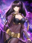  1girl abstract_background artist_name bangs black_cape blunt_bangs blush bodystocking bracelet breasts bridal_gauntlets cape circlet cleavage cleavage_cutout clothing_cutout covered_navel cowboy_shot crystal eyebrows_visible_through_hair fire_emblem fire_emblem_awakening gigamessy highres jewelry loincloth long_hair looking_at_viewer medium_breasts parted_lips pink_lips purple_eyes purple_hair skin_tight solo sparkle tharja_(fire_emblem) twintails watermark web_address 