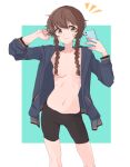 1girl :3 amane_suzuha aqua_background arms_up bike_shorts blush braid breasts brown_hair cellphone commentary cowboy_shot green_eyes hair_censor hair_over_breasts highres jacket kahlua_(artist) long_hair medium_breasts messy_hair navel no_bra no_shirt open_clothes open_jacket phone smile solo steins;gate sweat track_jacket twin_braids 