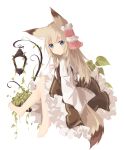  1girl animal_ear_fluff animal_ears bangs barefoot blue_eyes brown_dress brown_hair closed_mouth commentary_request dress eyebrows_visible_through_hair fox_ears fox_girl fox_tail frilled_dress frills full_body hair_between_eyes highres kushida_you lantern long_hair long_sleeves multicolored_hair original plant shirt simple_background sitting sleeves_past_wrists solo tail two-tone_hair very_long_hair white_background white_shirt 