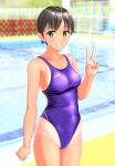  1girl absurdres black_hair blurry breasts clothes_writing collarbone commentary_request competition_swimsuit cowboy_shot depth_of_field green_eyes grin highres medium_breasts one-piece_swimsuit one-piece_tan original pool purple_swimsuit short_hair smile solo string_of_flags swimsuit takafumi tan tanlines v water 